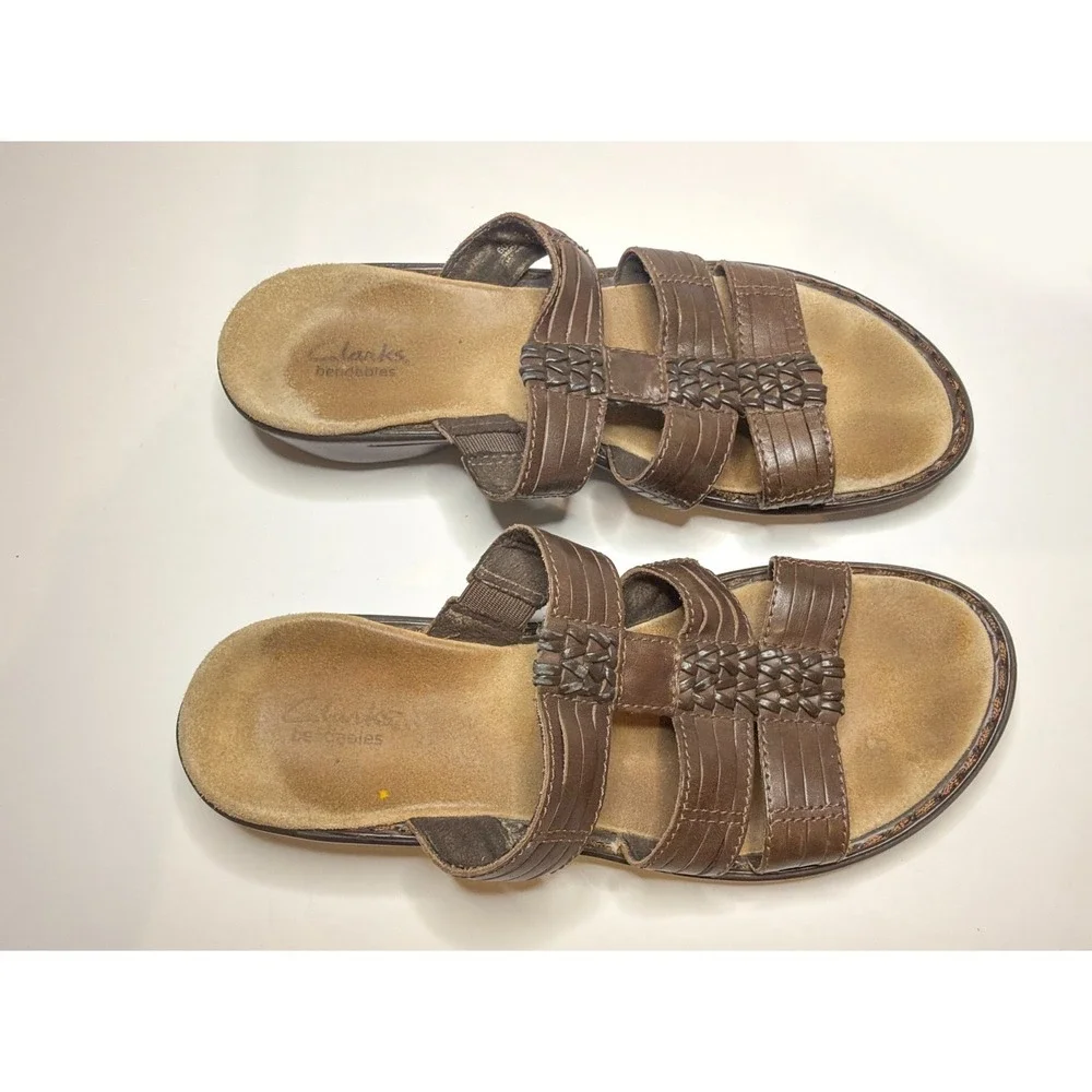 Clarks Brown Leather‎ Slide Sandals Women's 8M Woven Strap Comfort Cushioned